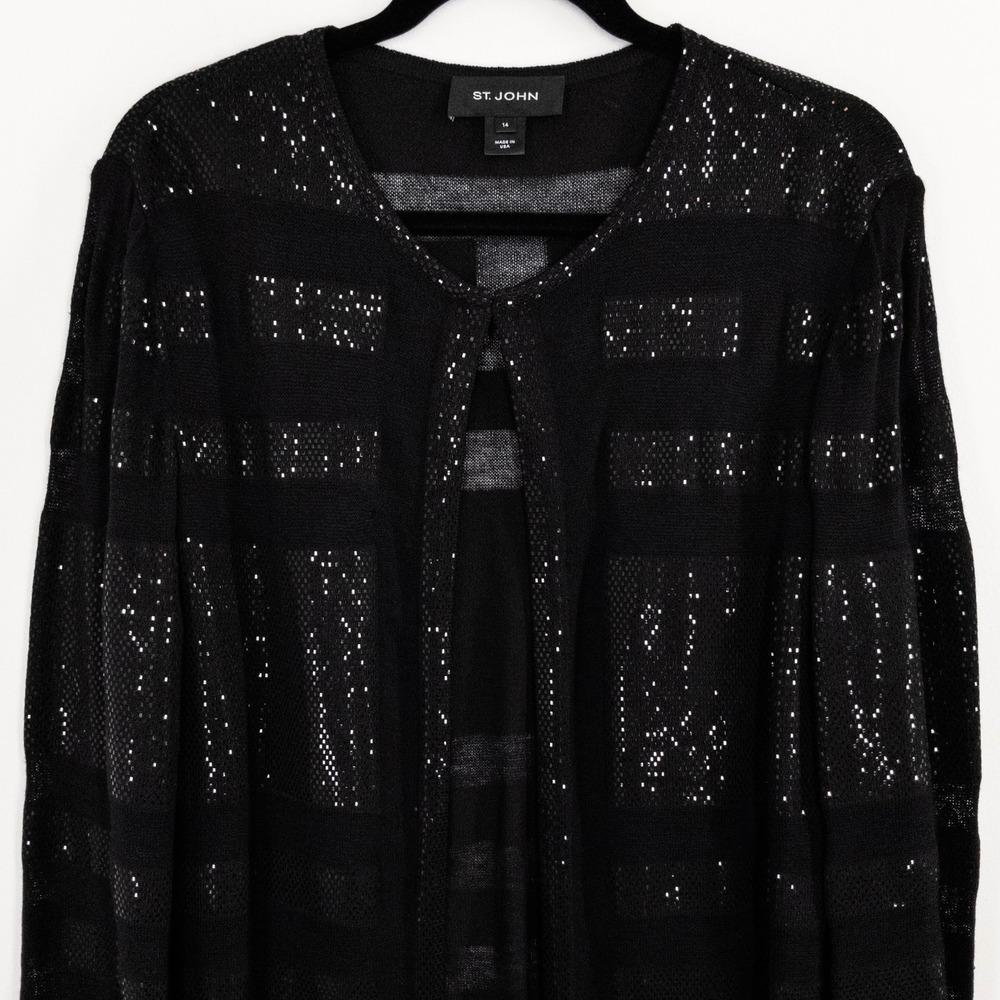 St John Black Sequin Open Front Knit Cardigan Sweater Jacket Women's 14 USA - Picture 3 of 10